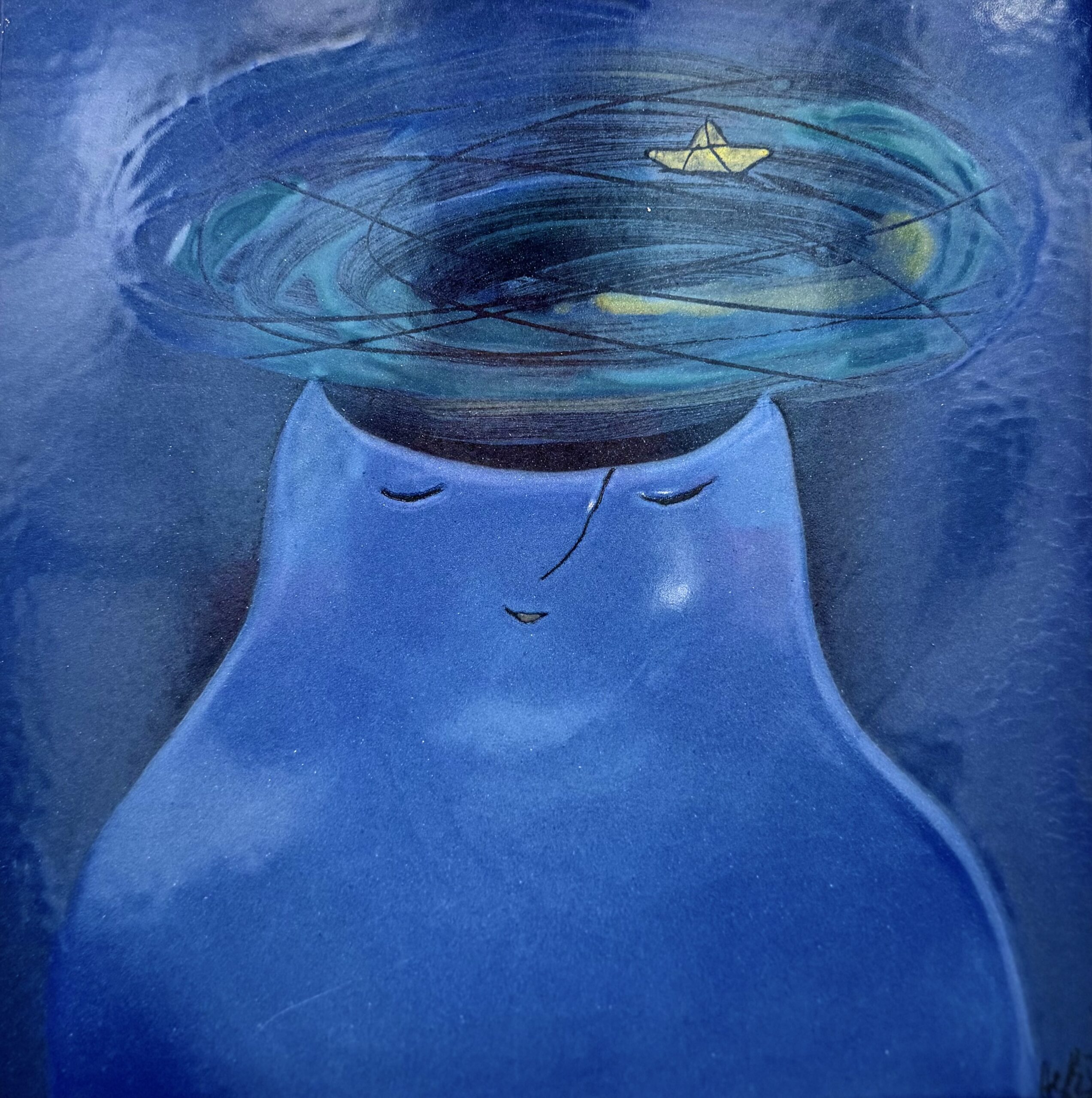 Obraz ze smaltu "Večerní výlet lodí" 28 x 28 cm - Helena Hlušičková